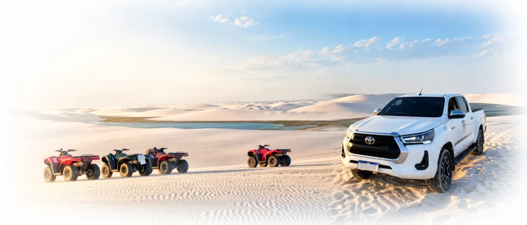 Veículos de apoio nas dunas dos Lençóis Maranhenses